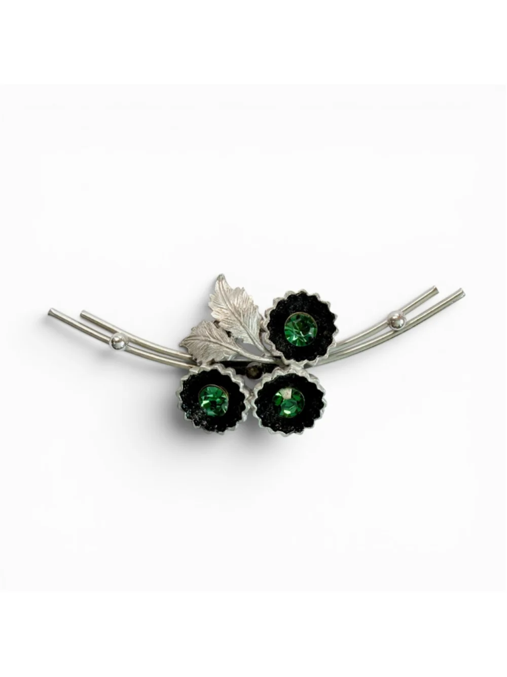 Vintage Green Rhinestone Flower Brooch Silver Tone Floral Spray Pin Black Enamel - Picture 3 of 8